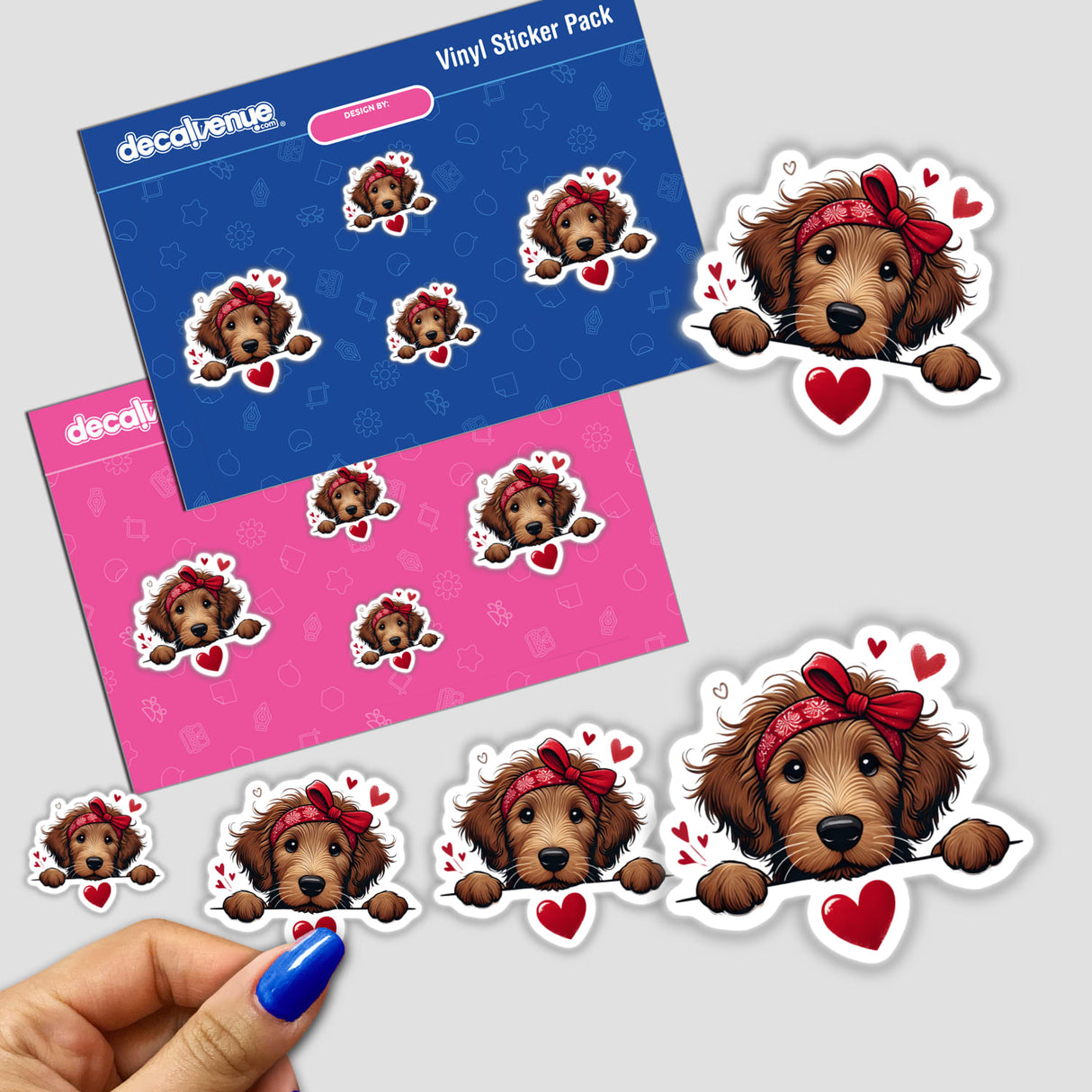 Peeking Brown Goldendoodle Dog sticker with a playful expression, featuring heart motifs and a red bow, available as a unique vinyl sticker or digital artwork from Decal Venue.