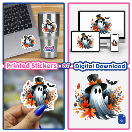 Fall Top Hat Watercolor Ghost sticker displayed on a laptop and held in hand, featuring a cartoon ghost with a top hat and autumn leaves.