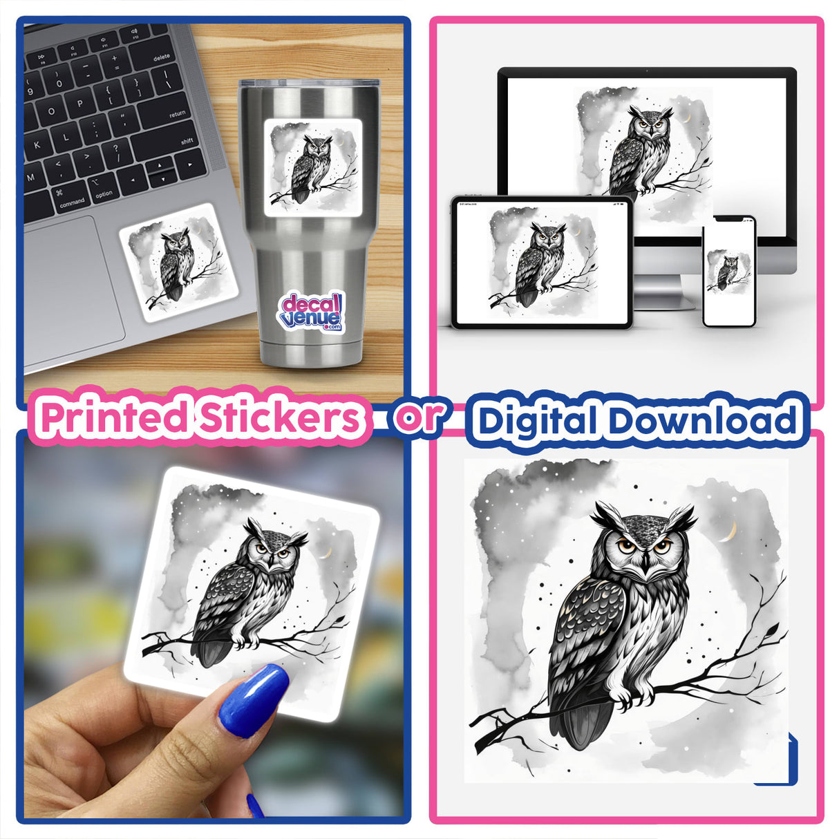 Sumi-e Owl on Branch Under Night Sky Japanese Ink Art available as stickers or digital artwork, depicting a serene owl perched on a branch, enhancing any surface with its tranquil aesthetic.