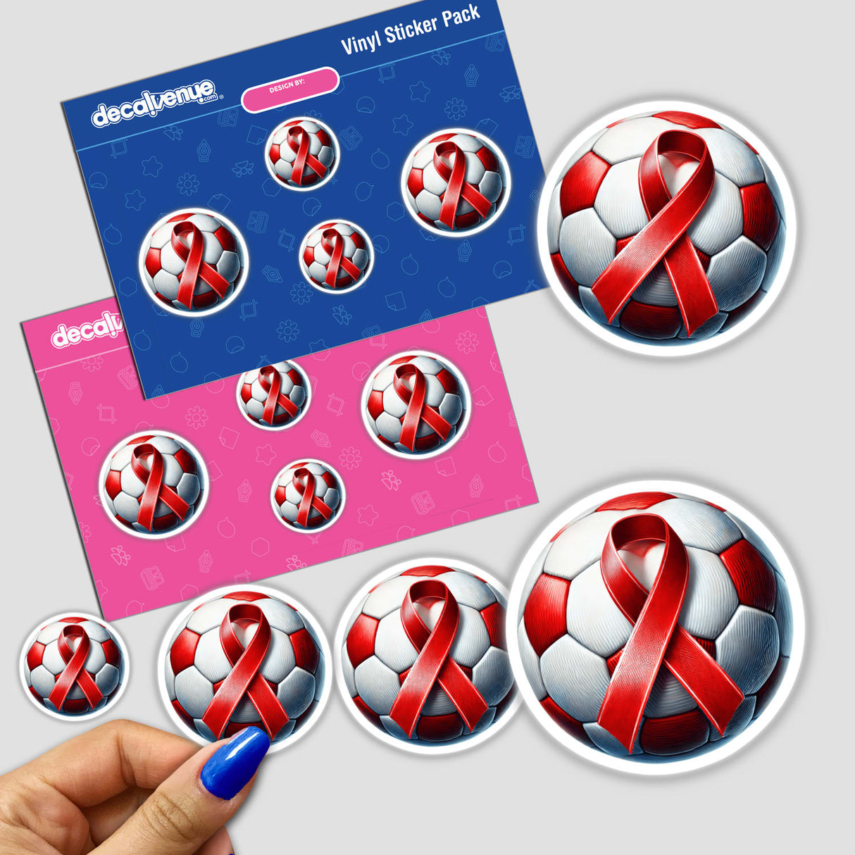 Red Ribbon Soccer Ball stickers featuring multiple images of soccer balls adorned with red ribbons, available as physical stickers or digital artwork.
