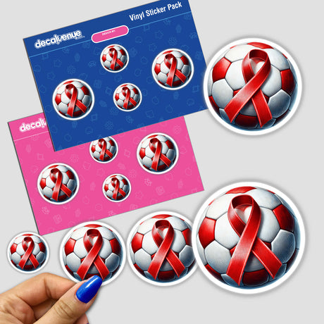 Red Ribbon Soccer Ball stickers featuring multiple images of soccer balls adorned with red ribbons, available as physical stickers or digital artwork.