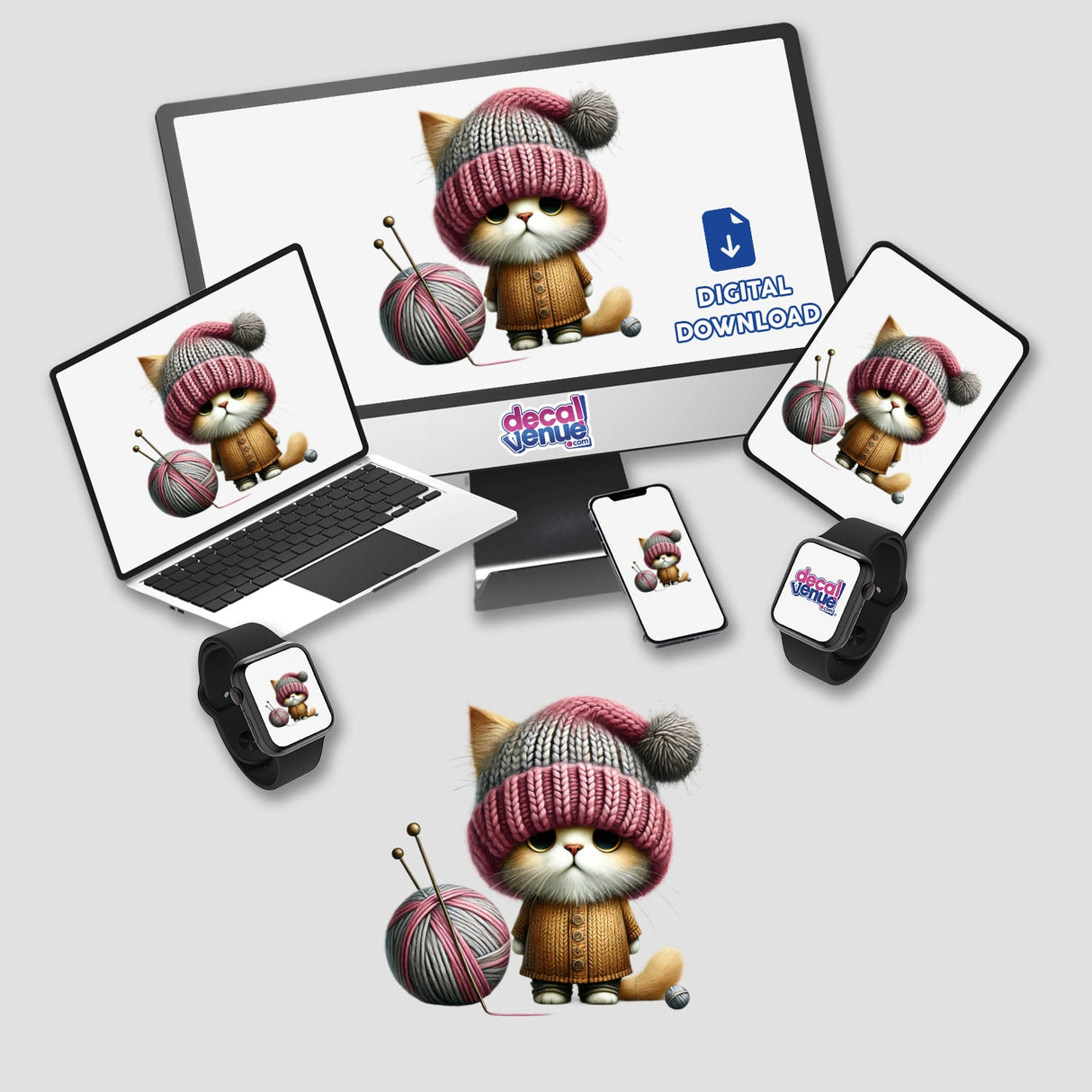 Cat Gnome with Ball of Yarn: A computer monitor and laptop display images of a cat wearing a knitted hat and sweater, with a ball of yarn, available as stickers or digital artwork.