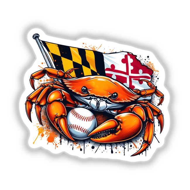 Maryland Flag Baseball Crab Splash design featuring a cartoon crab holding a red and white flag and a baseball. Available as stickers or digital artwork.