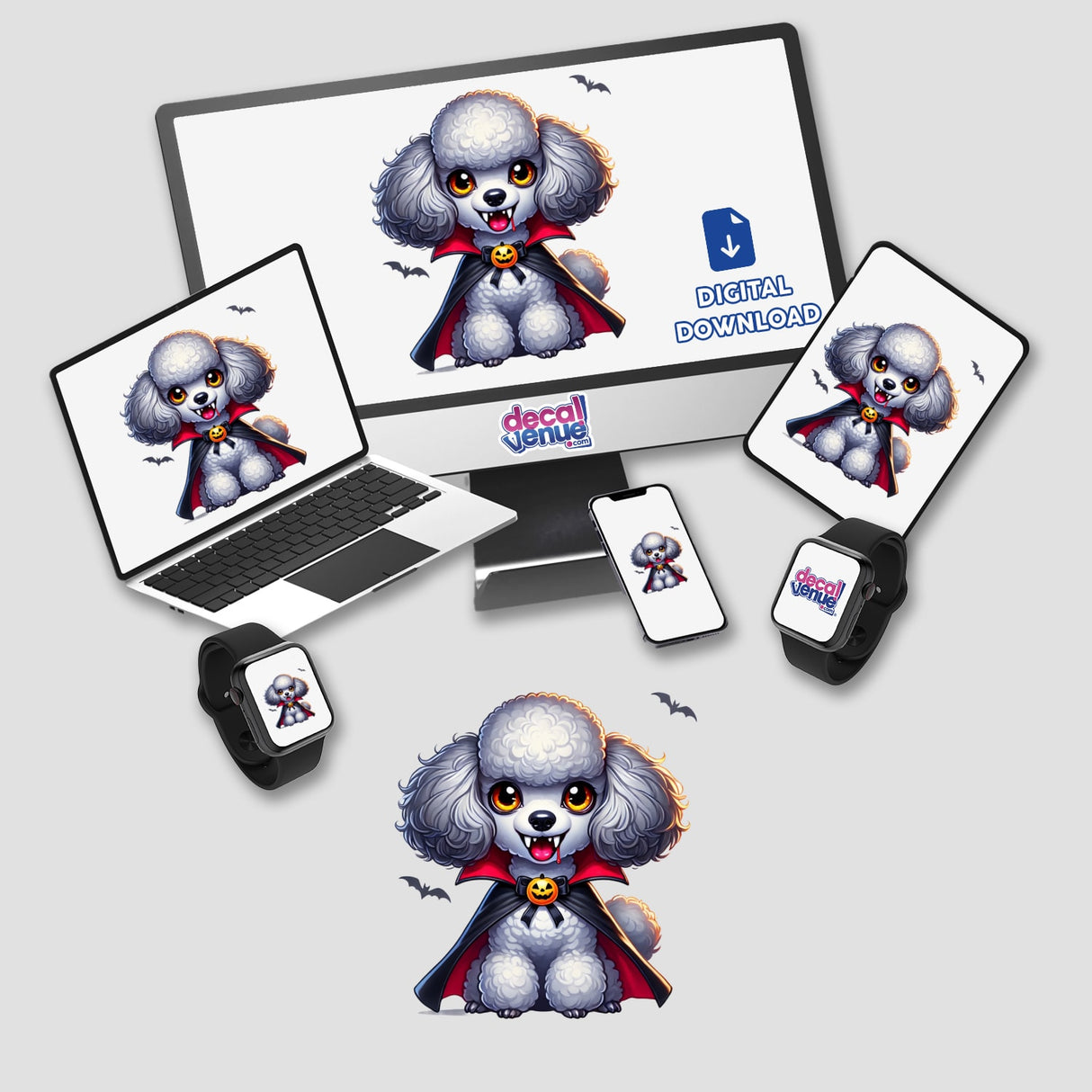 Vampire Poodle Dog with Fangs design on a computer monitor and laptop, featuring a cartoon dog in a vampire cape, available as stickers or digital download.