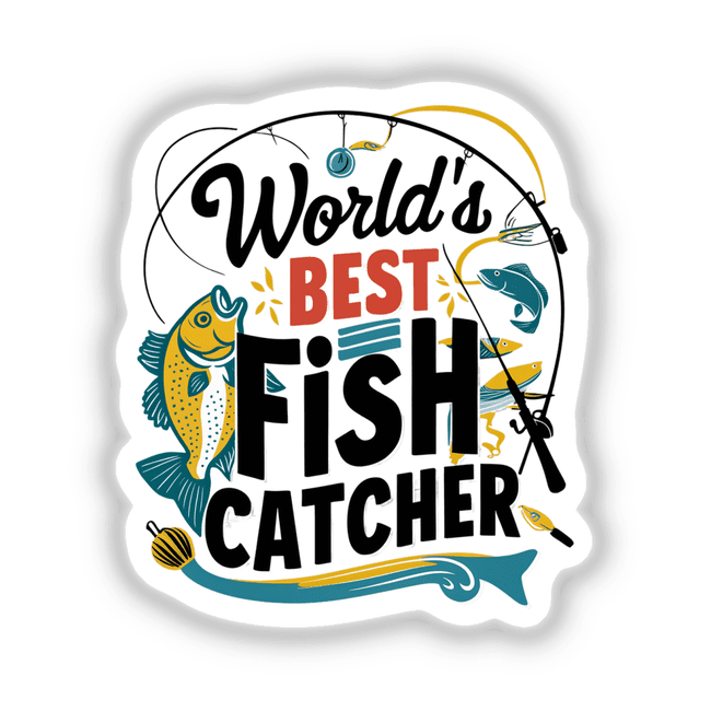 Sticker of a fishing rod and fish with the title World's Best Fish Catcher, representing a fishing company logo. Available as stickers or digital artwork from Decal Venue.