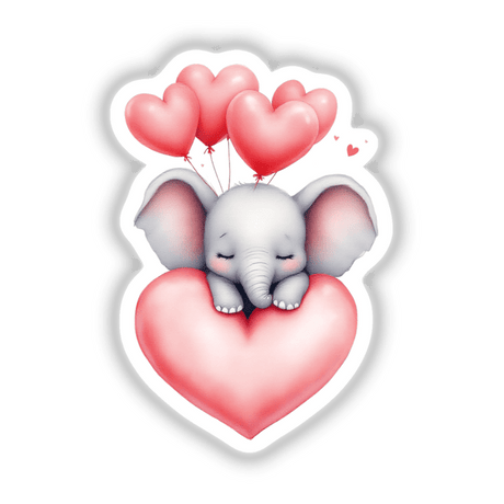 Cute Watercolor Sleepy Elephant with Heart Balloons illustration, featuring a dreamy cartoon elephant surrounded by whimsical heart-shaped balloons, perfect for stickers or digital artwork from Decal Venue.