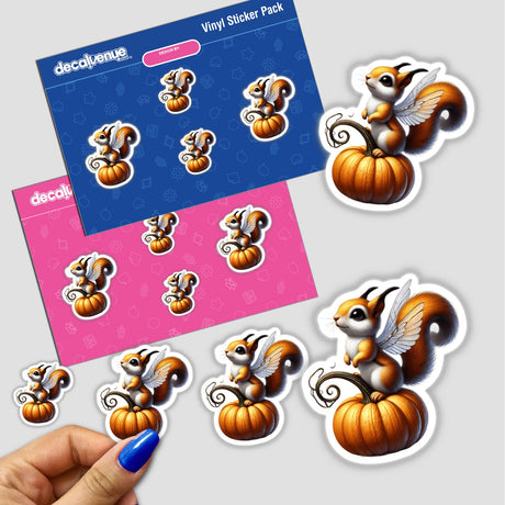 Sticker pack featuring a cartoon squirrel with wings standing on pumpkins, available as stickers or digital artwork.