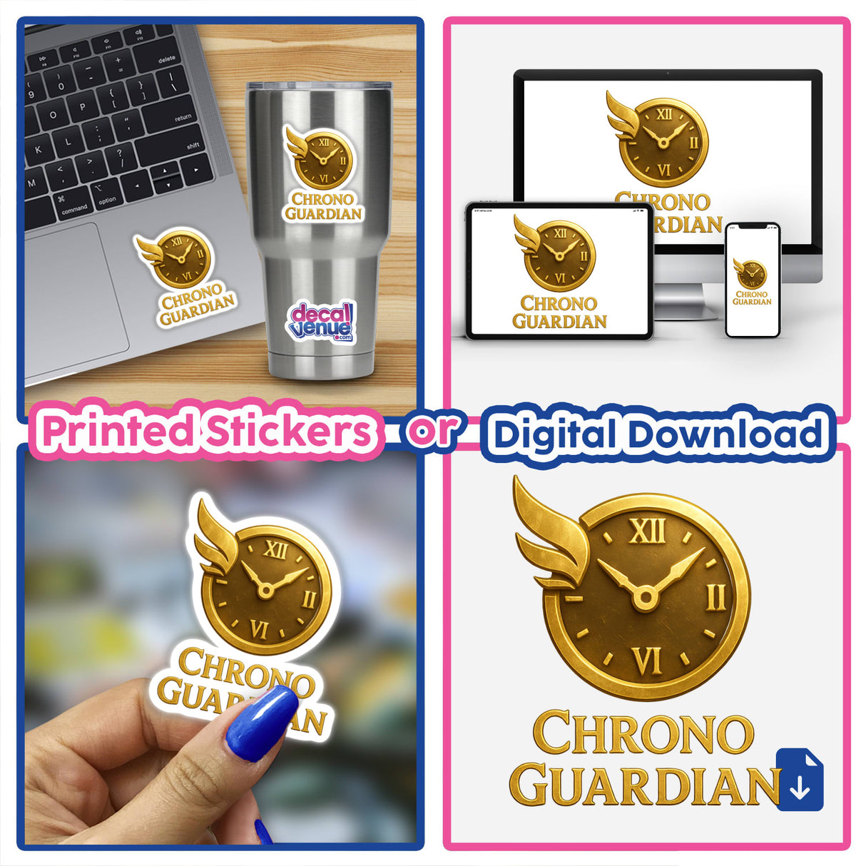 Chrono Guardian – RPG-Style Skill Badge features a gold Timekeeper Shield design, available as stickers or digital artwork, showcasing intricate details typical of Decal Venue's unique vinyl and digital offerings.