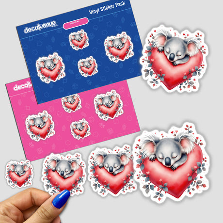 Sleeping Koala on Heart sticker pack, featuring cartoon koalas peacefully resting on heart shapes. Ideal for embellishing personal items, aligning with Decal Venue's unique vinyl sticker offerings.