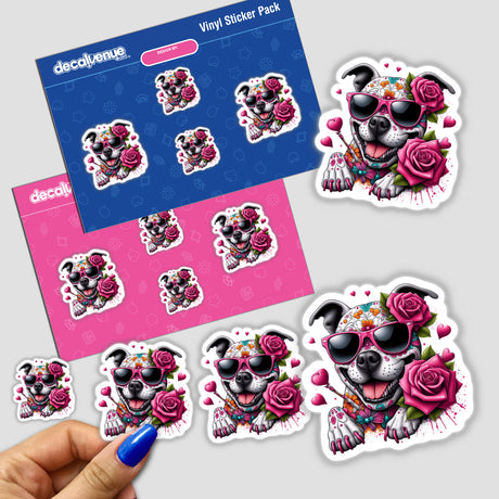 Sugar Skull Pink Roses Pitbull Dog sticker pack featuring a pitbull with sunglasses and flowers, available as stickers or digital artwork from Decal Venue.