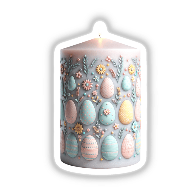 Easter Decorated Candle with Egg Designs, featuring artistic ceramic elements and floral motifs, available as unique stickers or digital artwork. A perfect addition to Decal Venue’s collection.