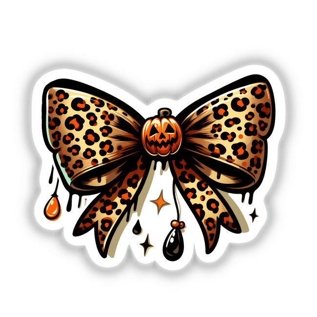Leopard Coquette Halloween Pumpkin Bow: A cartoon bow adorned with a carved pumpkin face, perfect for stickers or digital artwork.