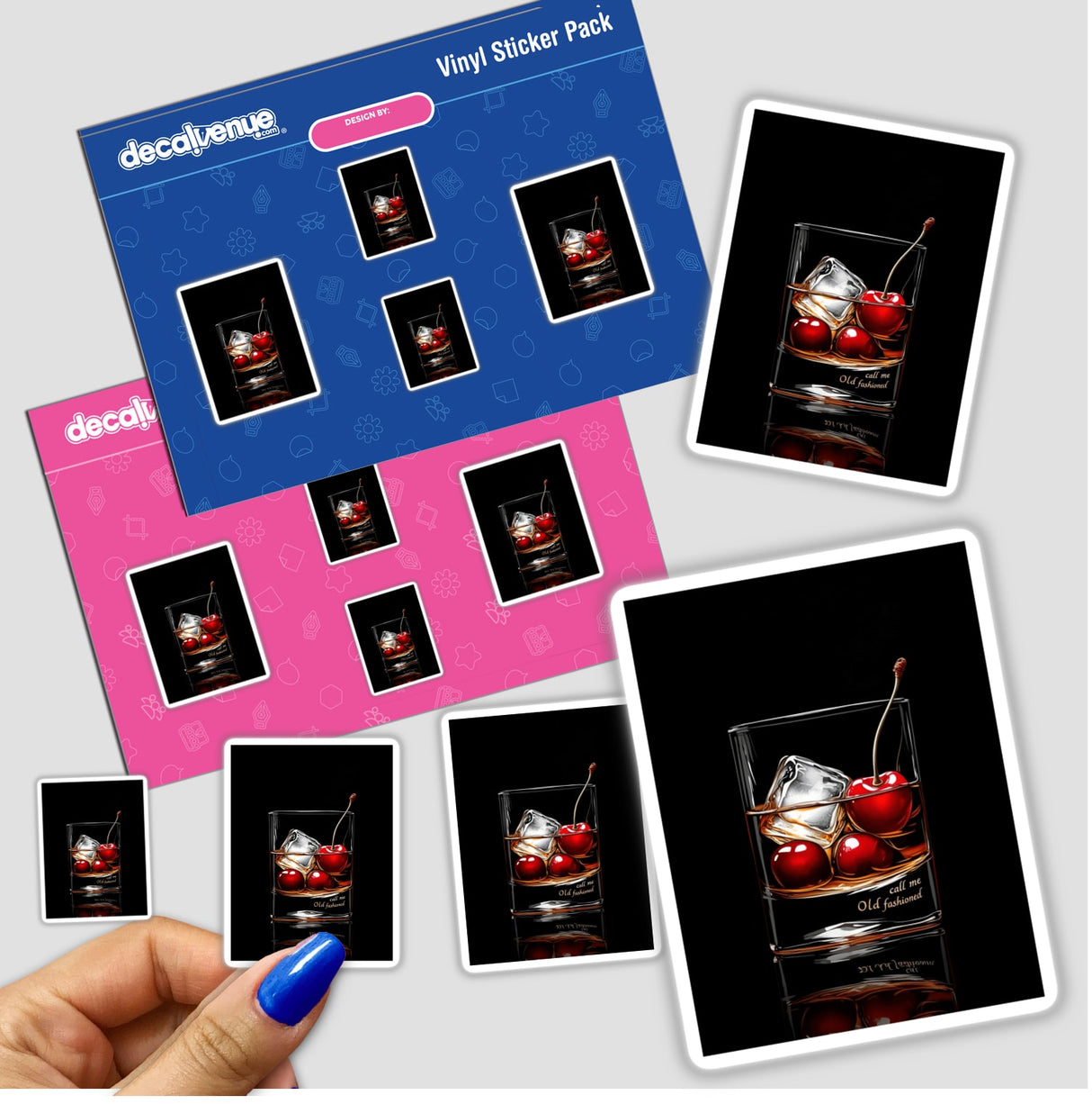 Sticker pack titled Elegant Old Fashioned Cocktail with Cherries and Ice, featuring a detailed illustration of a whiskey glass with ice and cherries, held in a person's hand.