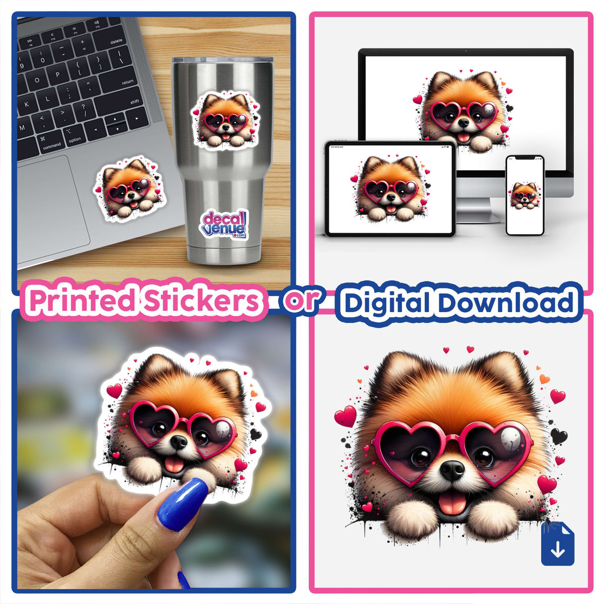 Peeking Pomeranian Hearts sticker or digital artwork, showcasing a charming Pomeranian peeking through heart shapes, embodying Decal Venue's unique vinyl and digital art offerings.