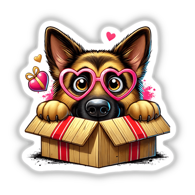 Peeking German Shepherd Nerdy Dog illustration showing a cartoon dog wearing pink glasses beside a heart-shaped gift box, available as stickers or digital artwork from Decal Venue.