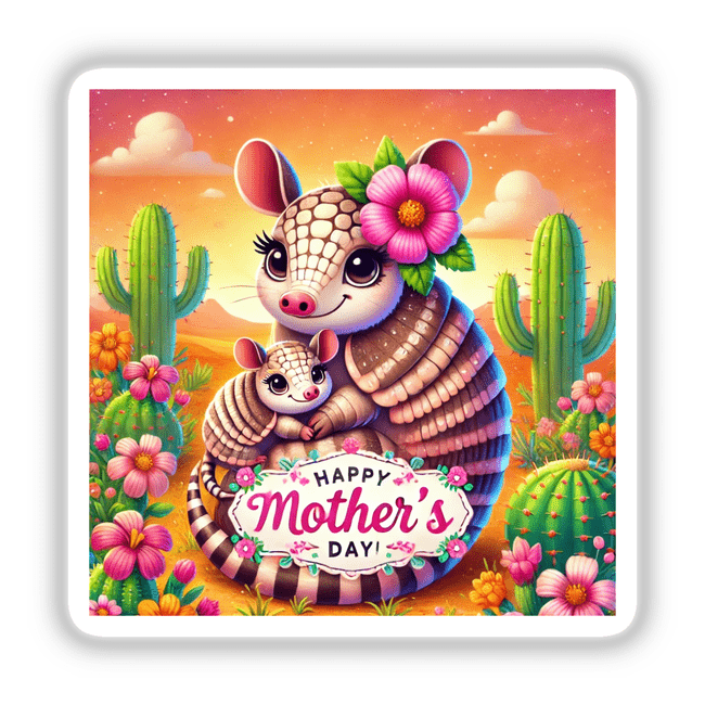 Armadillo With Baby Happy Mothers Day With Cactus card features cartoon animals, including an armadillo with its baby, surrounded by cacti. Available as stickers or digital artwork.