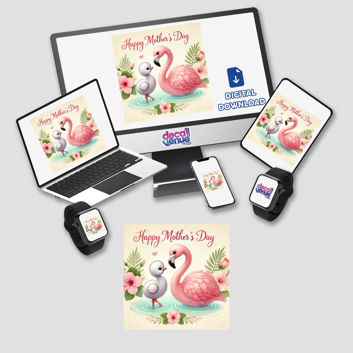 Happy Mother's Day Flamingo and Ducklings Illustration featuring flamingos and ducklings on a computer monitor and laptop screen, available as stickers or digital artwork from Decal Venue.