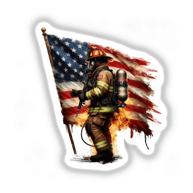 Patriotic American firefighter in full gear, standing amidst a fiery backdrop with the United States flag in hand.