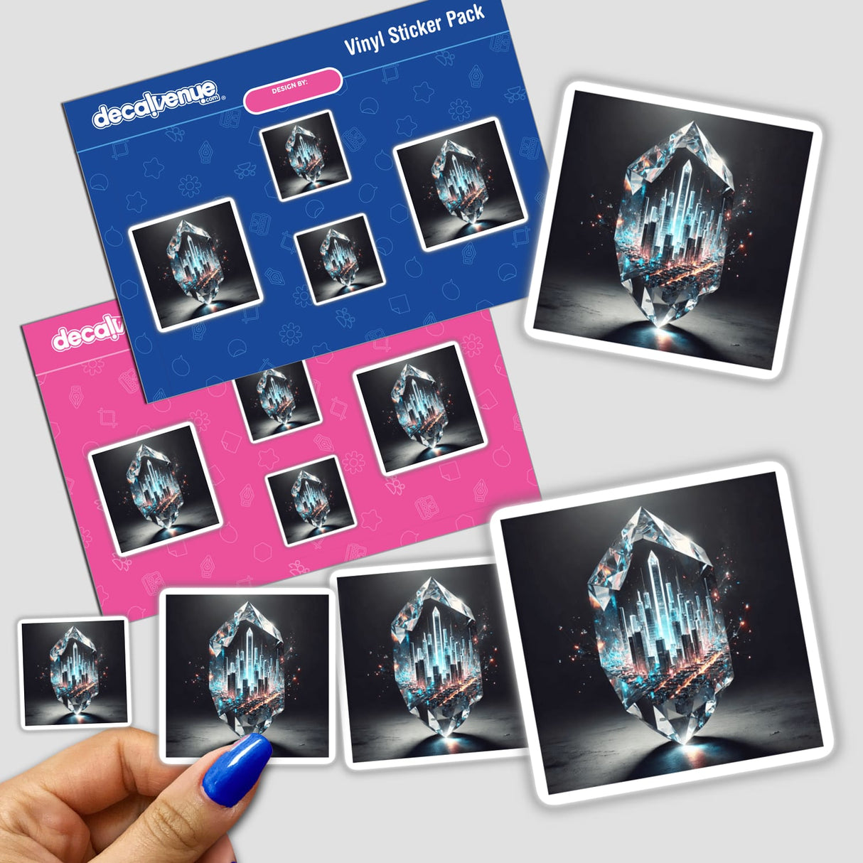 Hand holding a City of Glass Urban Skyline Inside a Crystal sticker pack, showcasing a cityscape encapsulated within a crystal. Available as stickers or digital artwork from Decal Venue.