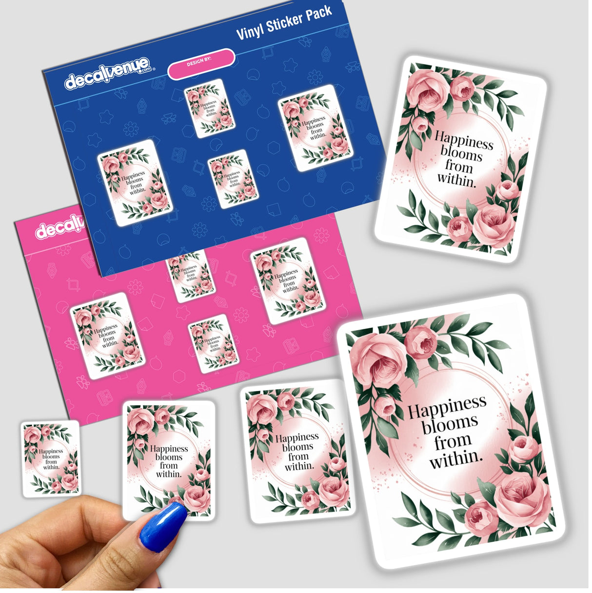 Happiness blooms from within: a collection of vinyl stickers featuring floral designs and inspirational text, showcasing the unique artistry of Decal Venue.