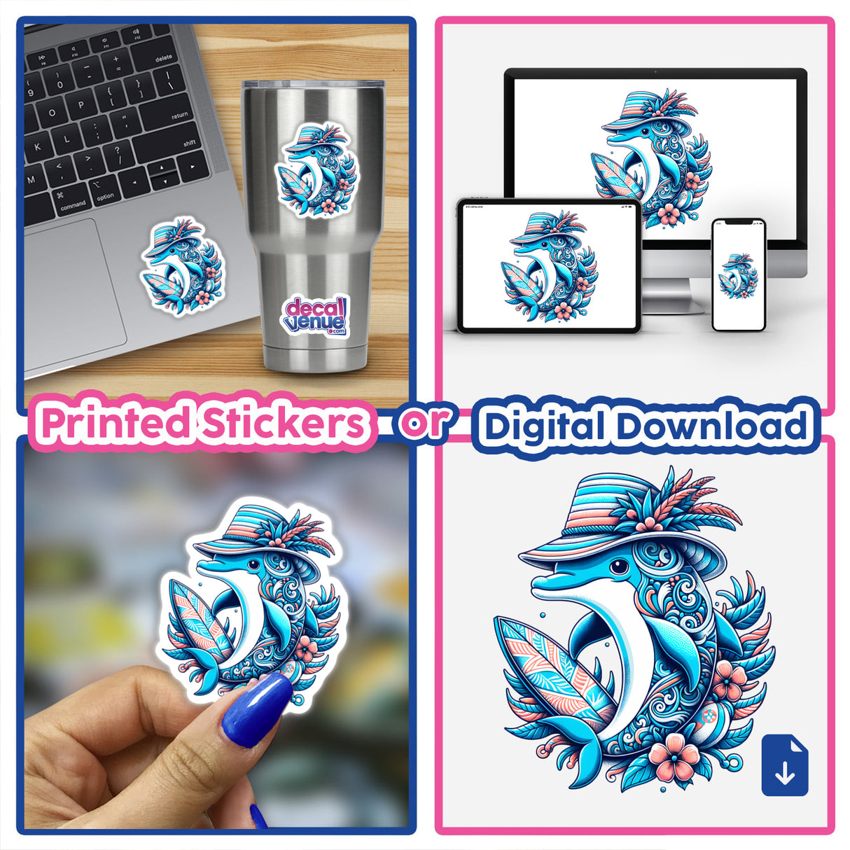 Dolphin in Summer Beach Hat with Surfboard