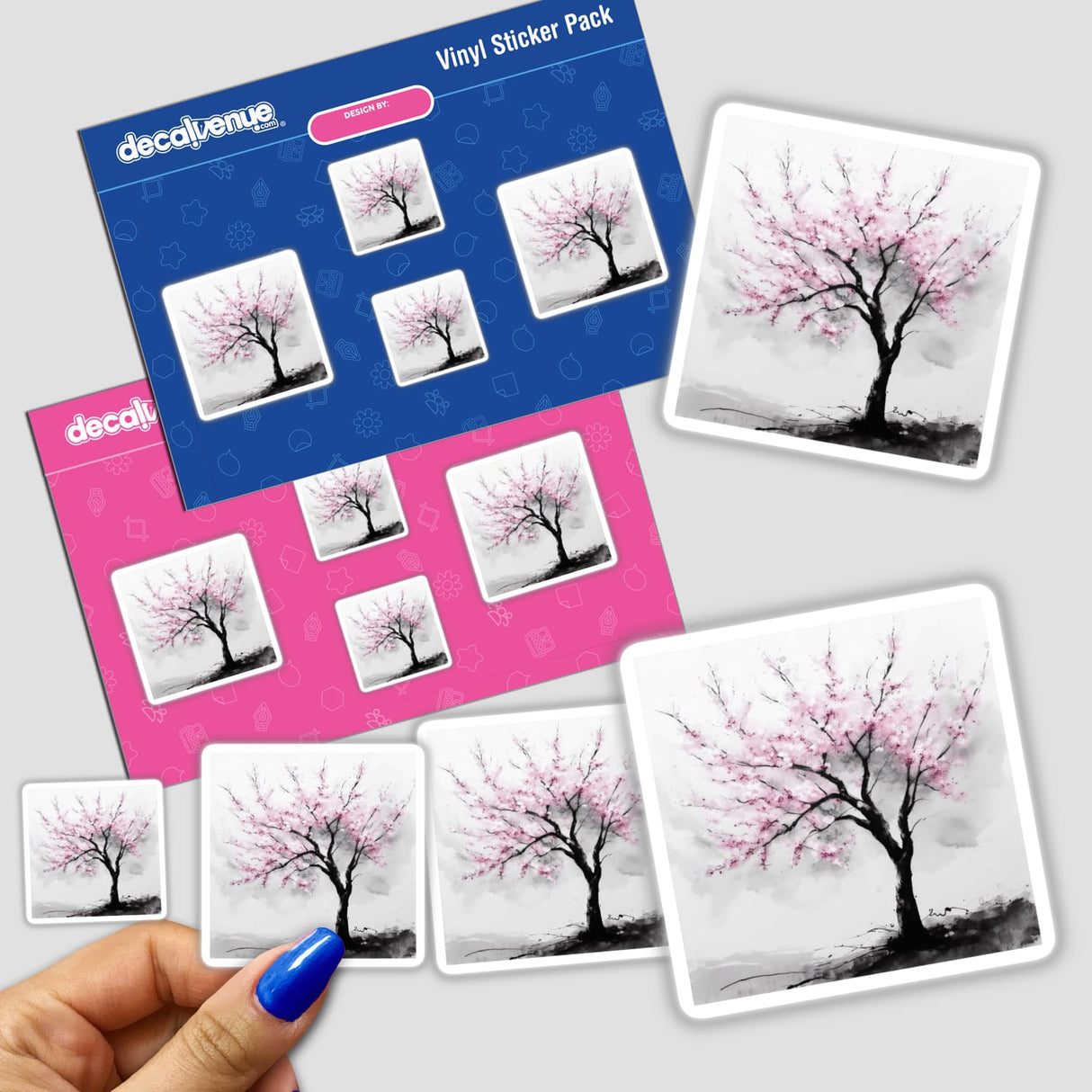 Cherry Tree Blossoming in Spring Sumi-e Japanese Watercolor, available as stickers or digital artwork, features a delicate ink painting of cherry blossoms, embodying traditional Japanese art.