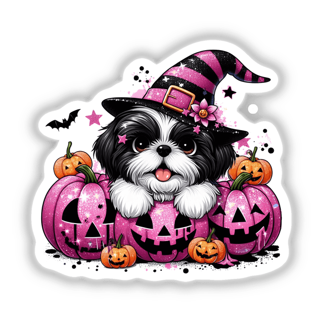 Shih Tzu Dog w/ Pink & Black Glitter Halloween Pumpkins: Cartoon Shih Tzu dog wearing a hat, surrounded by carved Halloween pumpkins, available as stickers or digital artwork.