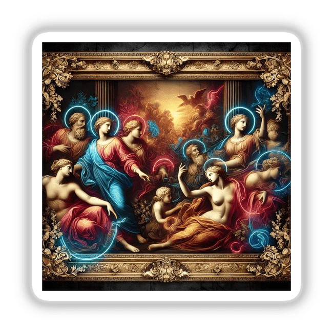 Neon Baroque - Classical Figures with Modern Neon Accents: A detailed painting of various classical figures in a gold frame, available as stickers or digital download, blending traditional and modern art.