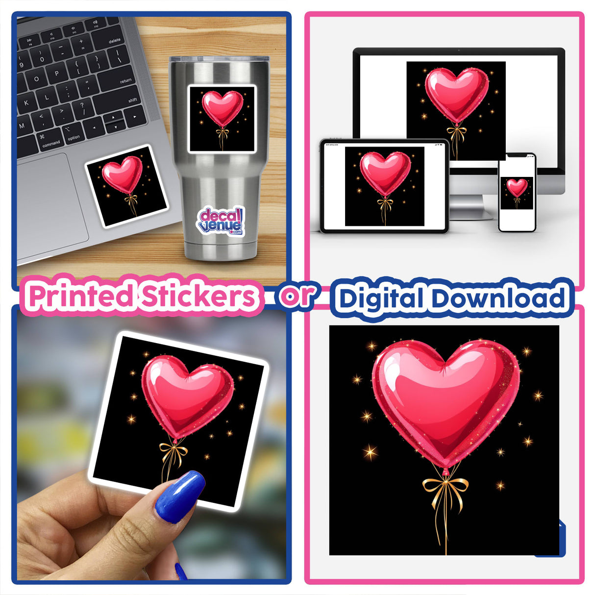 Heart-Shaped Balloon Bouquet with Gold Ribbon stickers, depicted in a collage format, showcasing various applications like on laptops, mugs, and more. Available as stickers or digital artwork from Decal Venue.