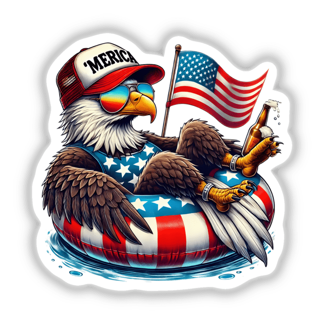 Bald Eagle American Flag Float Merica design featuring a cartoon eagle wearing a hat and sunglasses, holding a flag and a beer. Available as stickers or digital downloads from Decal Venue.