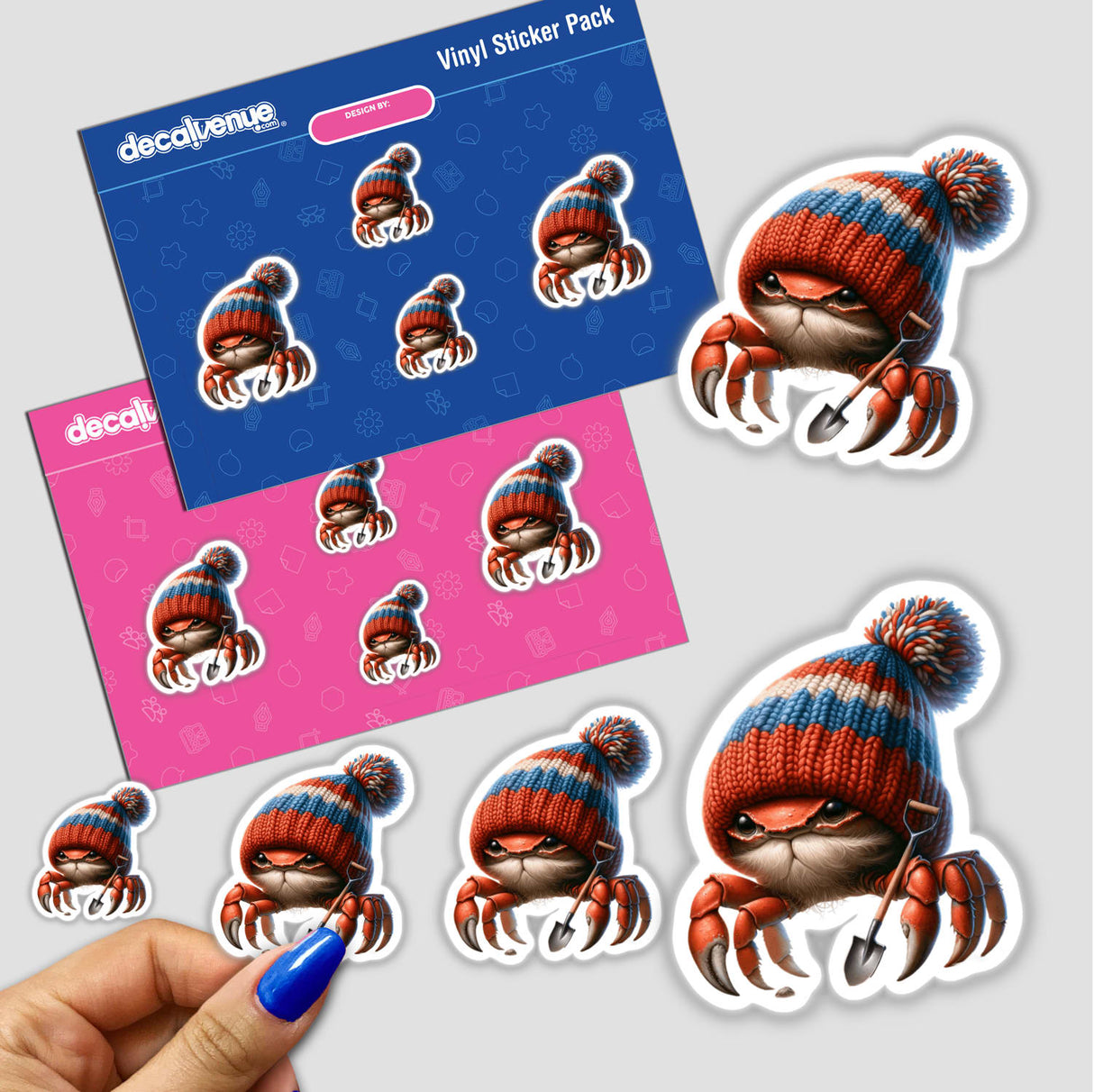 Crab Gnome with Shovel sticker featuring a cartoon crab in a knitted hat holding a shovel, available as a physical sticker or digital artwork.