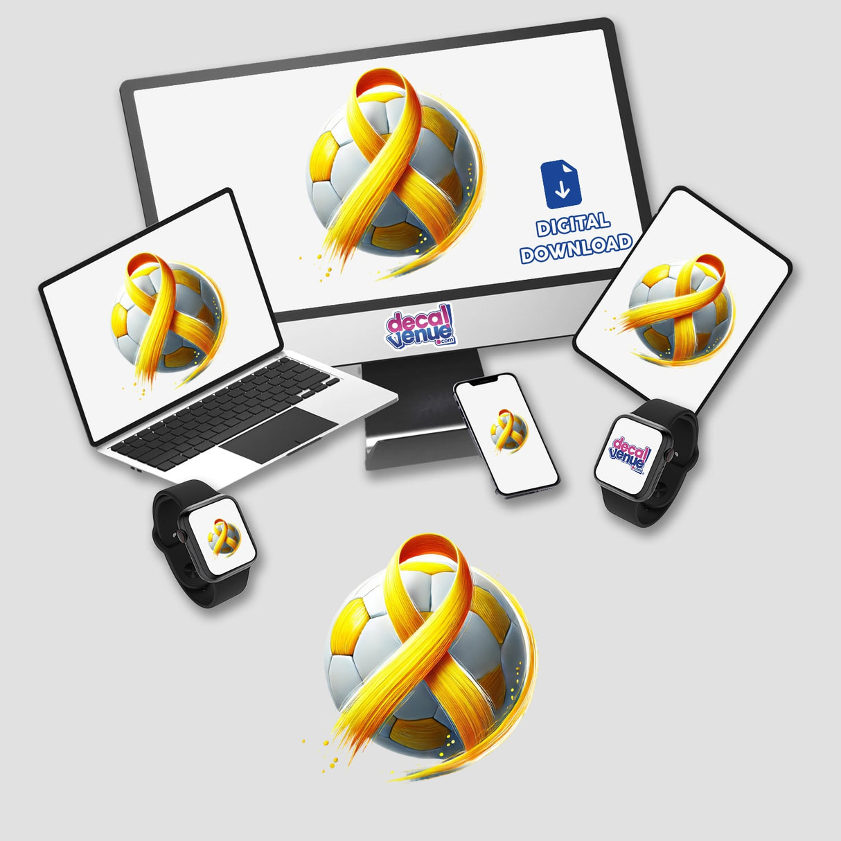 Soccer Ball Yellow Ribbon design on a laptop screen, with a computer monitor and smartwatches, perfect for sports enthusiasts. Available as stickers or digital downloads from Decal Venue.