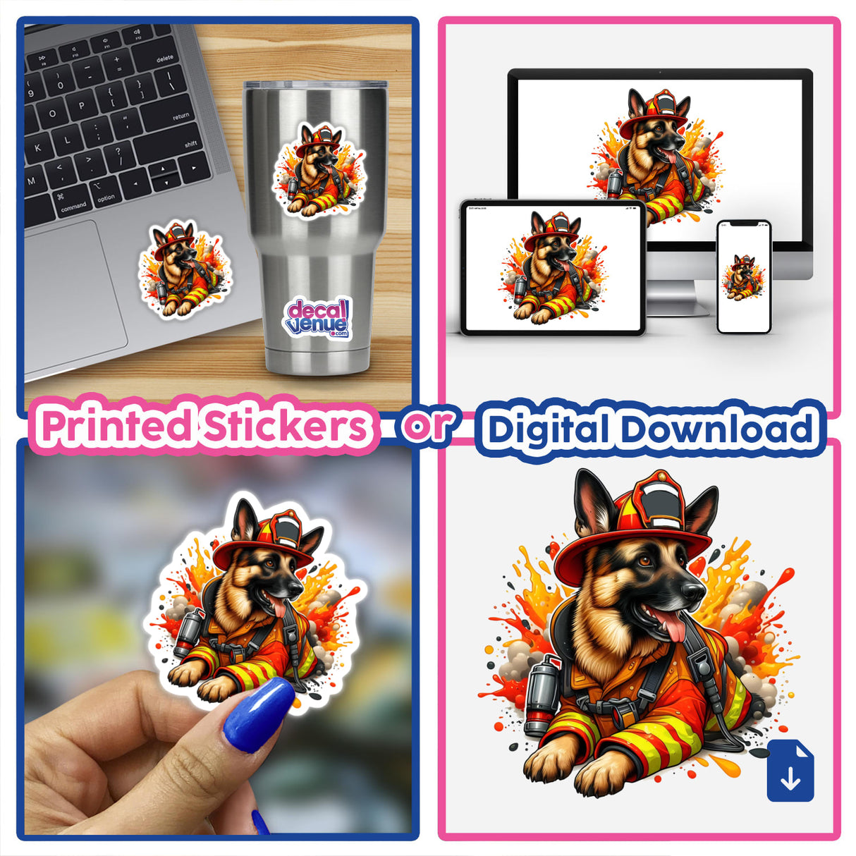 German Shepherd Firefighter Dog stickers and digital artwork featuring a cartoon dog in a firefighter outfit, depicted in various poses like on a laptop or as a sticker on a cup.