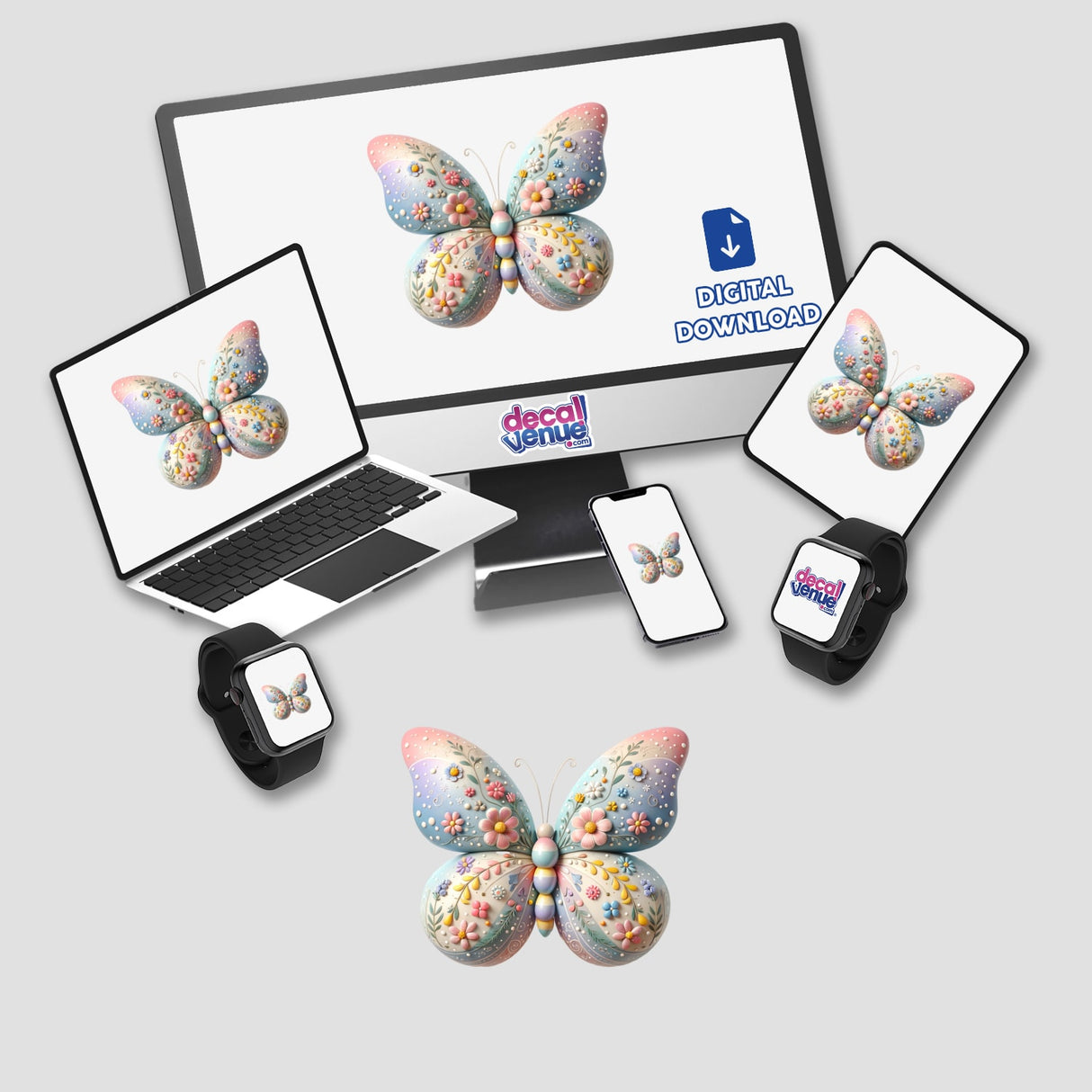Beautiful Pastel Easter Butterfly with Floral Design displayed on a computer monitor and laptop screen, highlighting its availability as stickers or digital artwork from Decal Venue's unique collection.