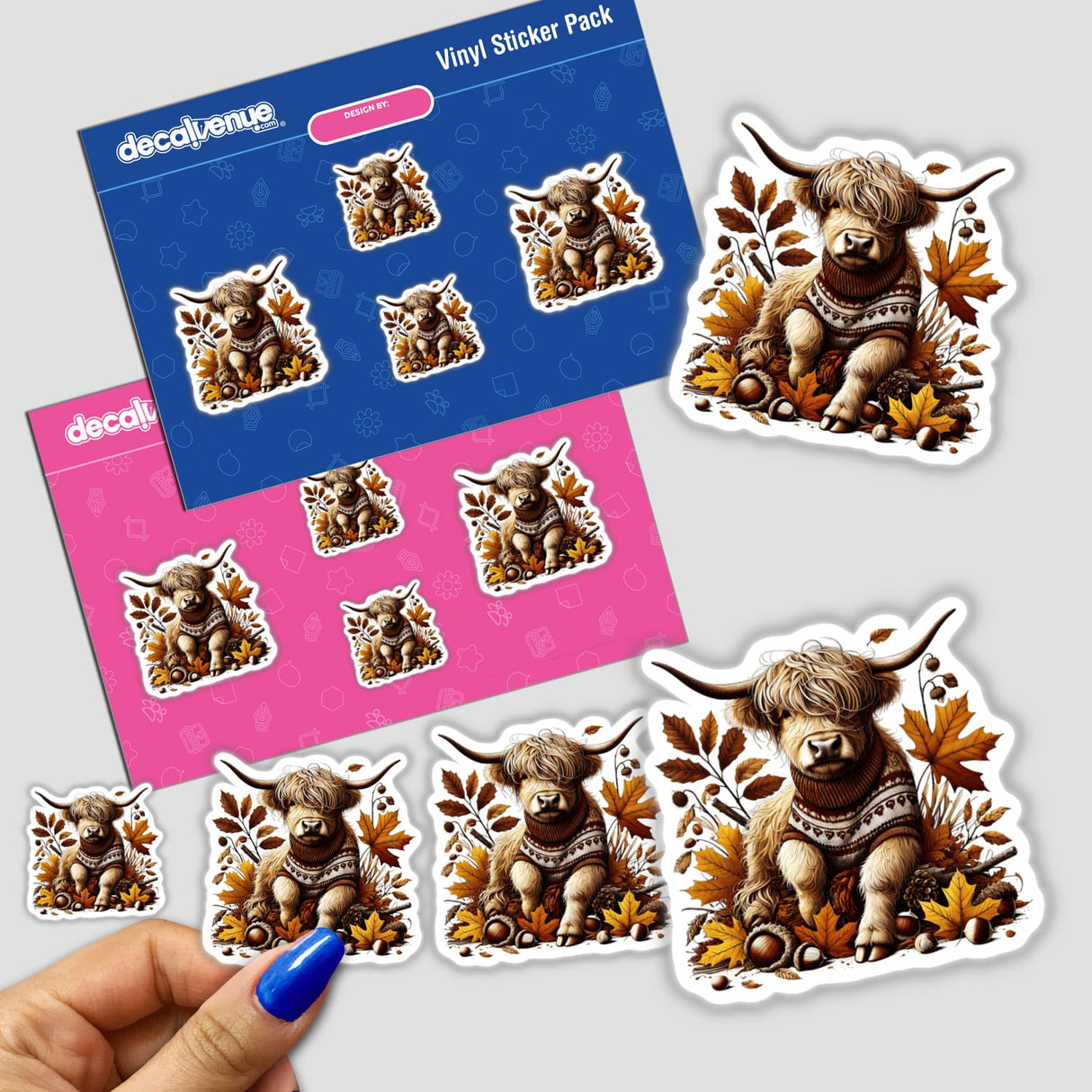 Autumn Highland Cow in Cozy Sweater sticker featuring a cartoon cow wearing a snug sweater. Available as both stickers and digital artwork from Decal Venue.