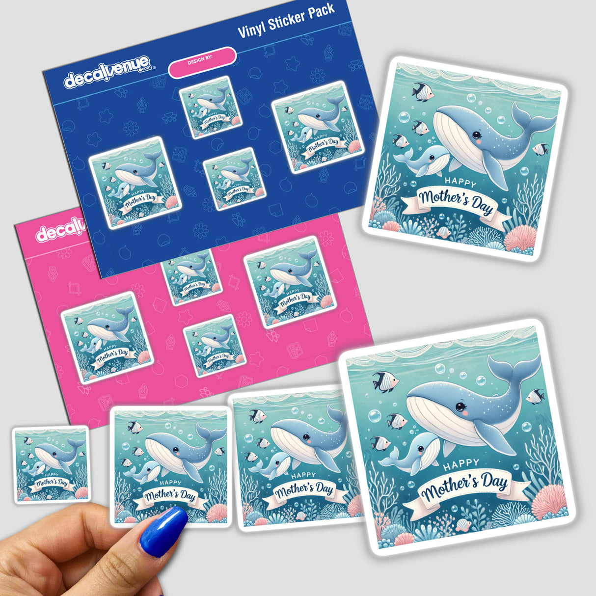 Happy Mothers Day Underwater Cartoon Whales Scene sticker features whimsical whales and fish. Available as stickers or digital artwork, capturing a playful ocean theme perfect for unique vinyl collections.
