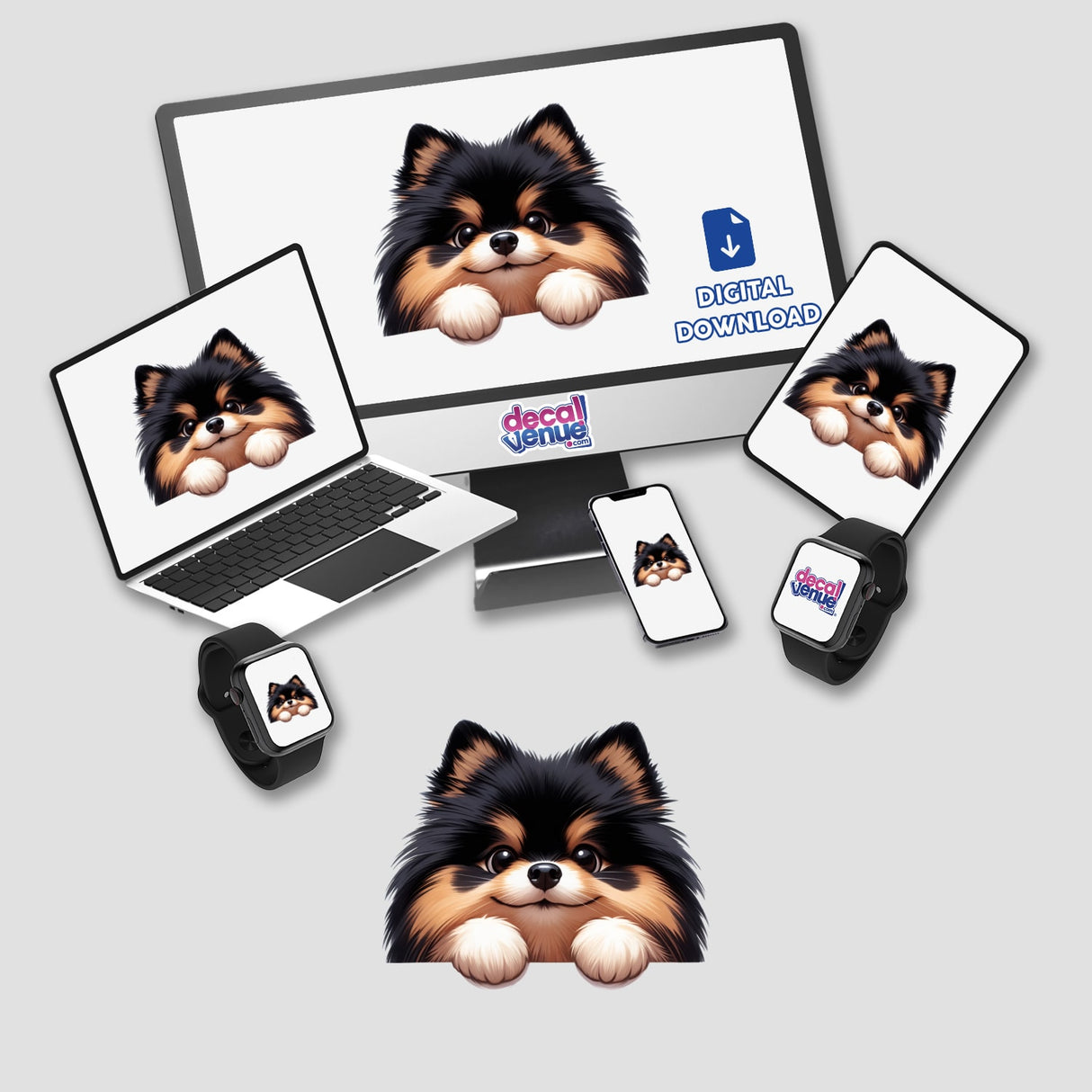 Peeking Tan and Black Pomeranian Pom Dog II depicted as charming vinyl stickers or digital artwork, showcasing the adorable dog's face with a playful expression, perfect for pet lovers.