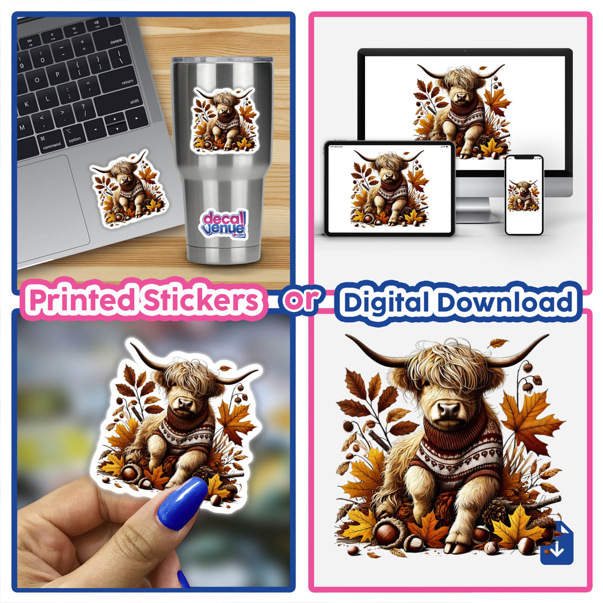 Stickers and digital download featuring an Autumn Highland Cow in a cozy sweater, depicted sitting in leaves. Close-up shows a hand holding the sticker and a laptop adorned with it.
