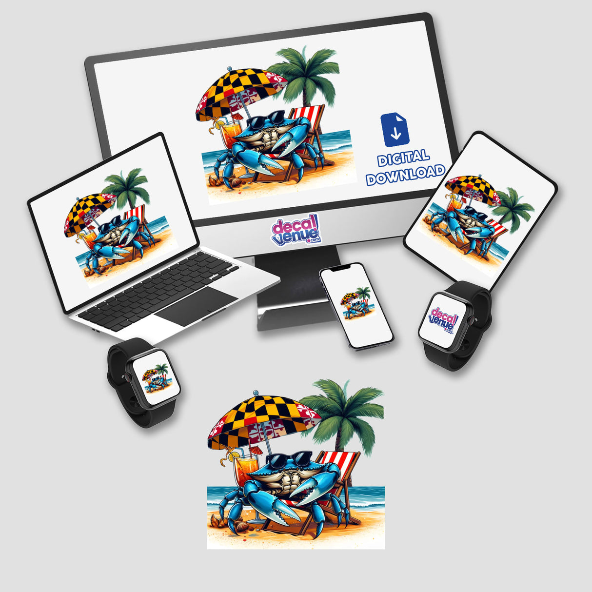 Maryland Shore Blue Crab Sitting in Beach Chair III depicted on a computer monitor and laptop screen, available as stickers or digital artwork, showcasing a cartoon crab lounging on a beach chair.