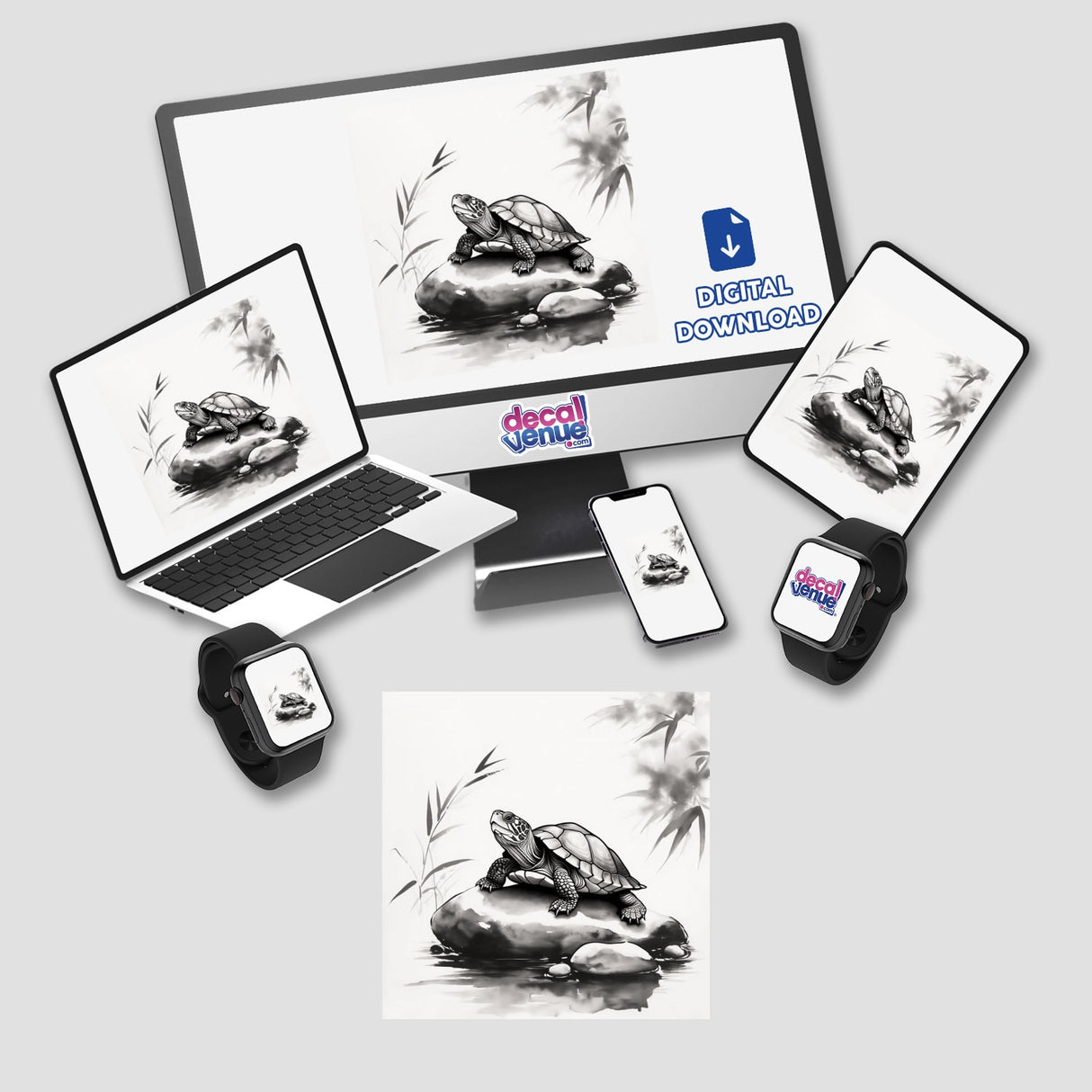 Sumi-e Turtle Resting on River Rock Traditional Japanese Watercolor depicted as a serene artwork available as stickers or digital art, showcasing the turtle's peaceful demeanor on a textured rock.