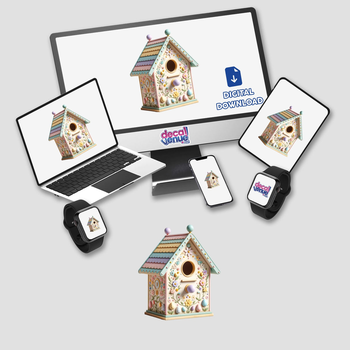 Colorful Hand-Painted Easter Birdhouse displayed on various devices, showcasing its versatility as a sticker or digital download, ideal for adding springtime charm to any space.