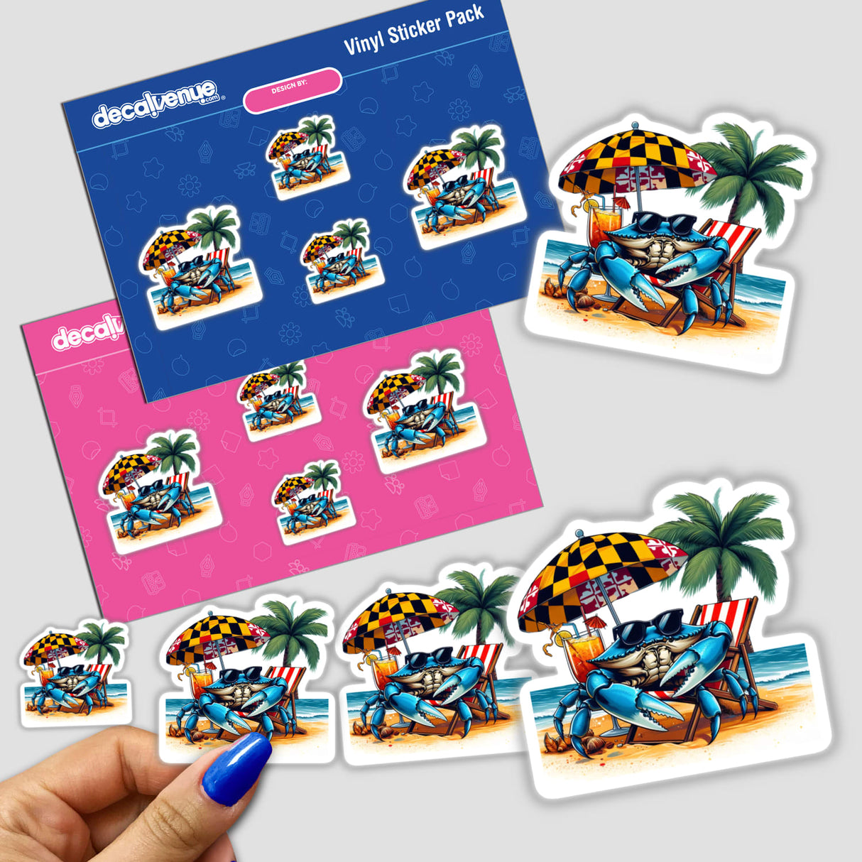 Maryland Shore Blue Crab Sitting in Beach Chair III sticker featuring a cartoon crab lounging with sunglasses, surrounded by palm trees, a beach umbrella, and playful elements. Available as stickers or digital artwork.
