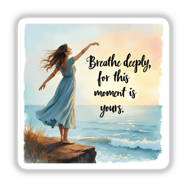 Free-Spirited Woman on a Cliff – “Breathe deeply, for this moment is yours”: A woman in a blue dress stands gracefully on a rock, arms outstretched, embodying freedom and serenity.