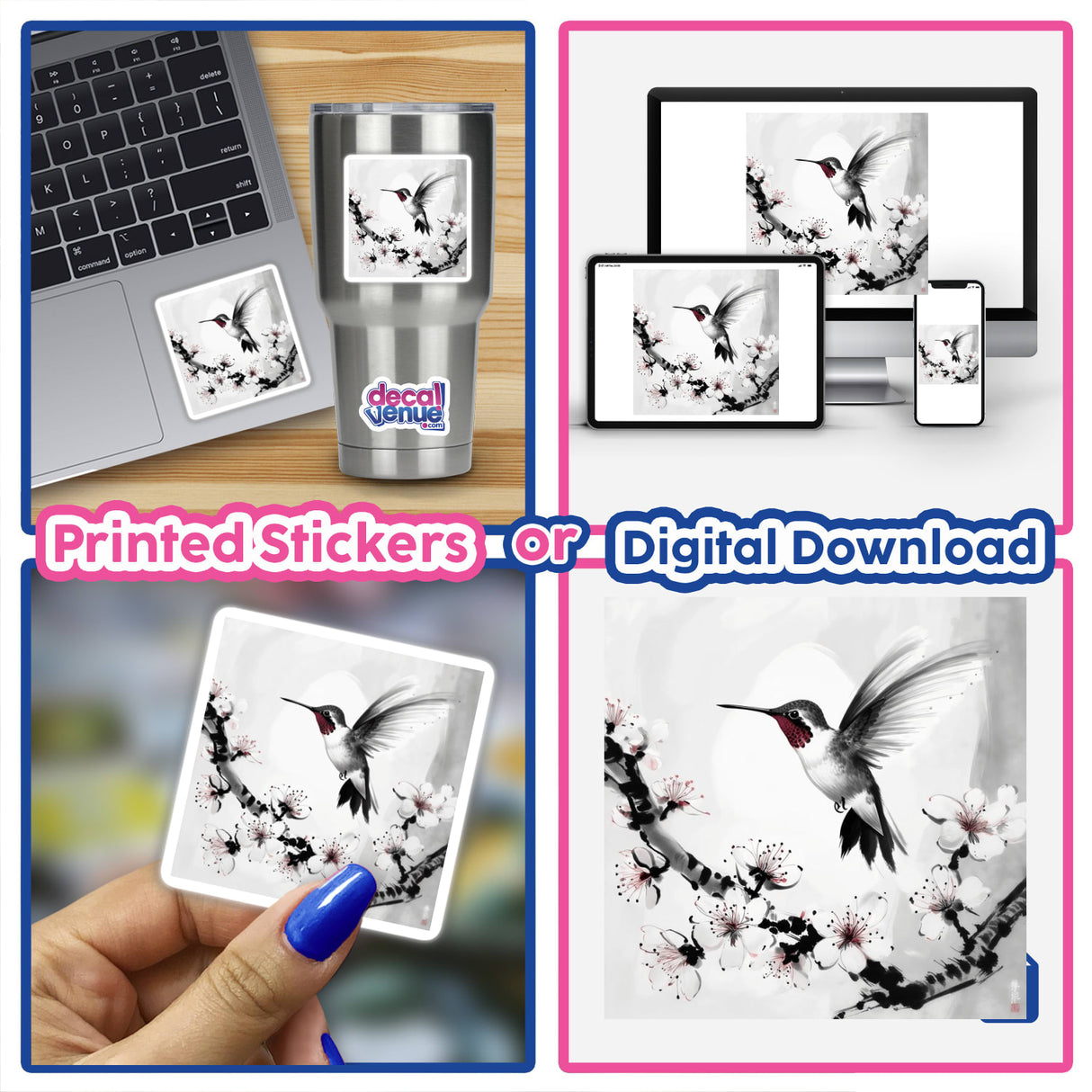 Sumi-e Hummingbird in Flight Over Plum Blossoms Japanese Ink Art, available as a sticker or digital artwork, features a delicate hummingbird hovering above elegant plum blossoms, embodying traditional Japanese ink artistry.