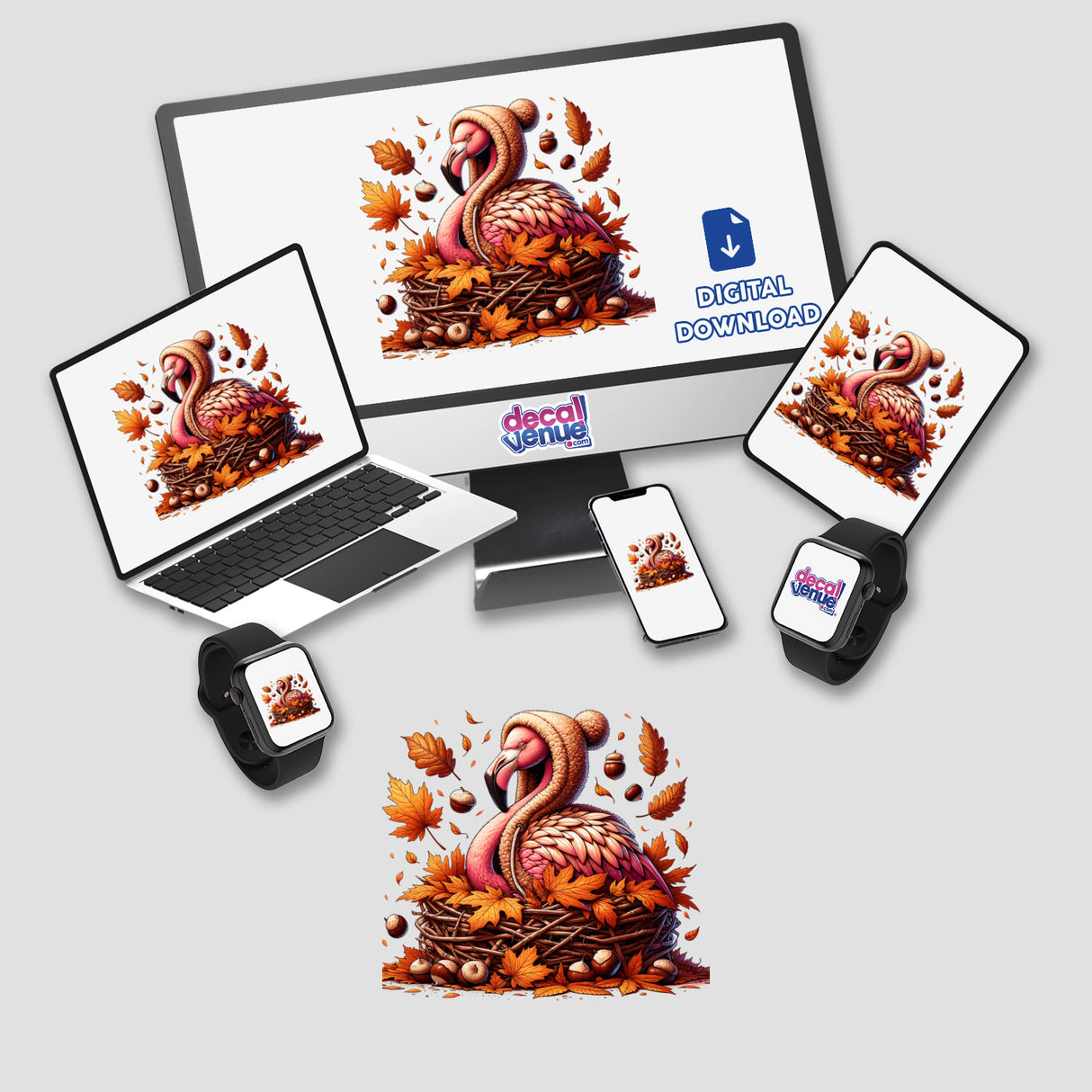 Autumn Flamingo in Cozy Sweater - Digital artwork featuring a flamingo in an autumnal setting, surrounded by fall foliage and accessories, available for download from Decal Venue.