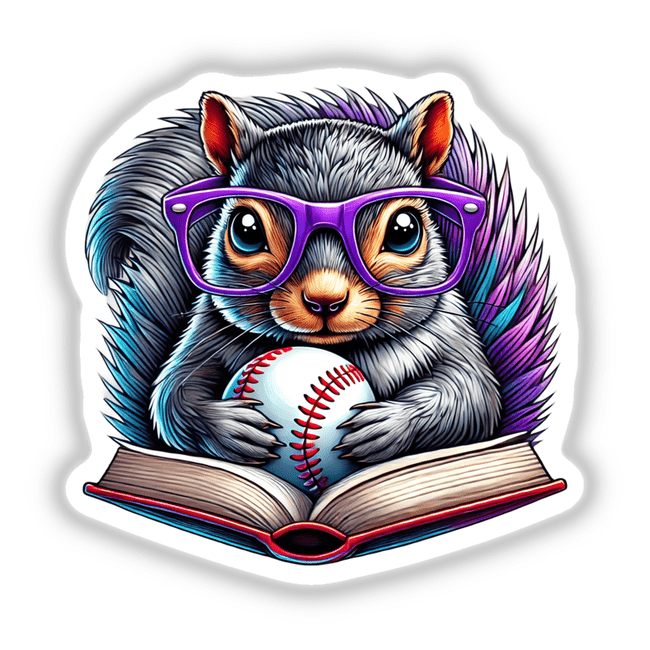 Squirrel Reading a Book with Purple Glasses and Baseball: A whimsical cartoon of a squirrel wearing purple glasses, holding a baseball and a book, available as stickers or digital artwork from Decal Venue.