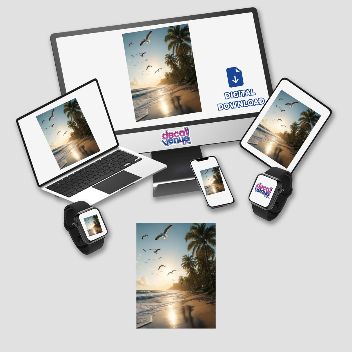 Golden Shore Seagulls Over Tropical Beach displayed on a laptop, tablet, and phone, showcasing digital artwork featuring seagulls flying over a serene beach scene. Available as stickers or digital artwork.