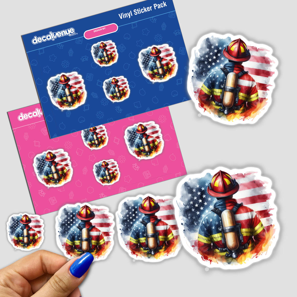 Firefighter Etched Into American Flag II sticker pack features detailed firefighters with extinguishers, emphasizing bravery. Available as stickers or digital art, reflecting Decal Venue's unique vinyl sticker artistry.