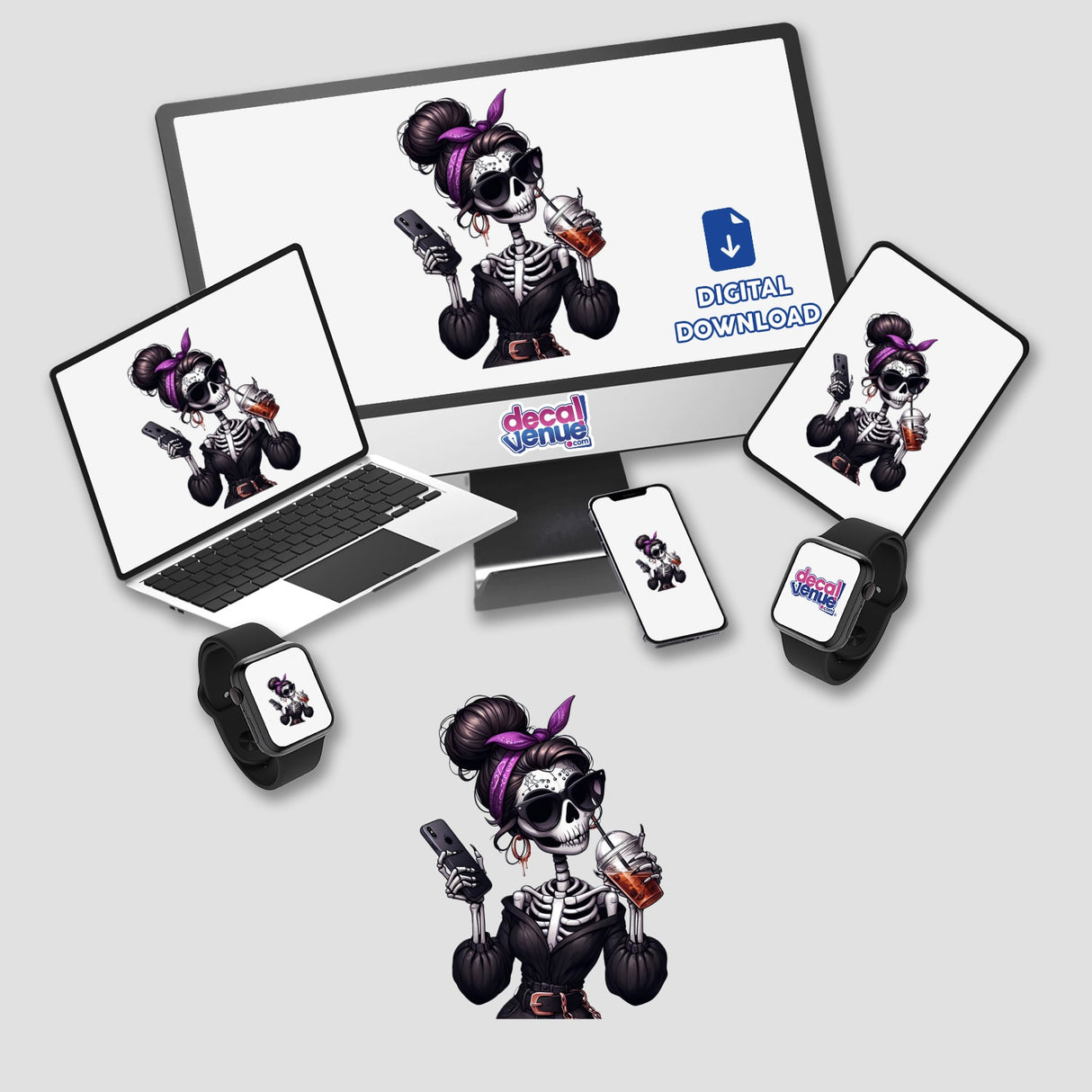 Spooky Halloween skeleton mama with cell phone digital artwork