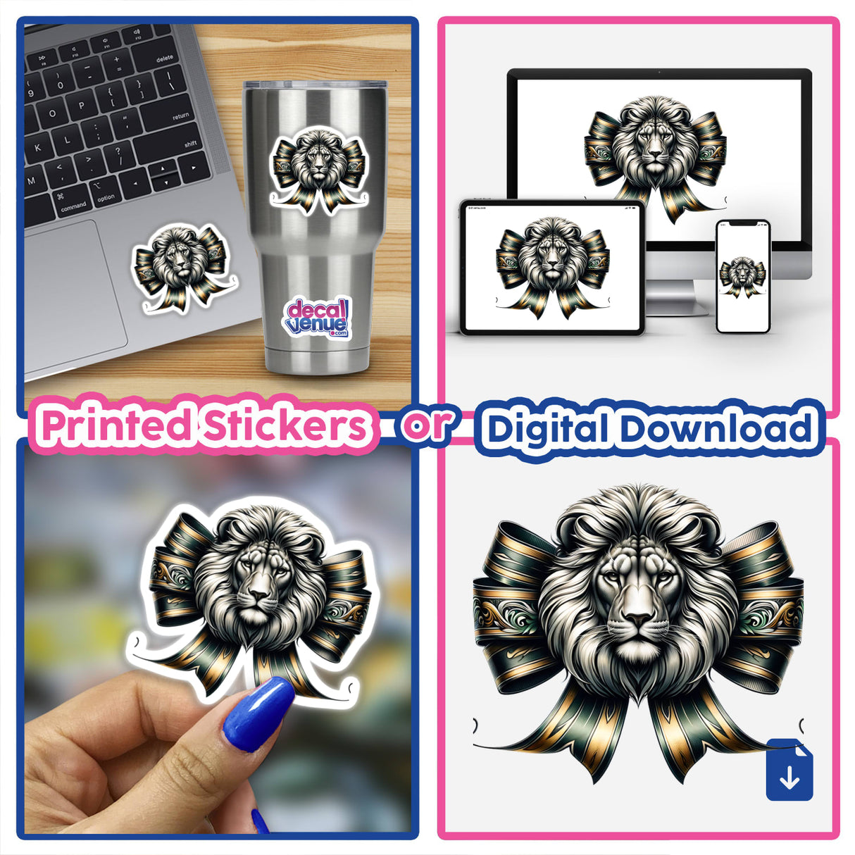 Lion Coquette Bow Green Gold sticker collage; features a lion head with a bow, showcased on laptops, cell phones, and held by hand. Available as stickers or digital artwork.